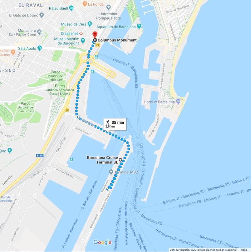 Barcellona percorso pedonale Terminal Crociere - Monumento a Colombo